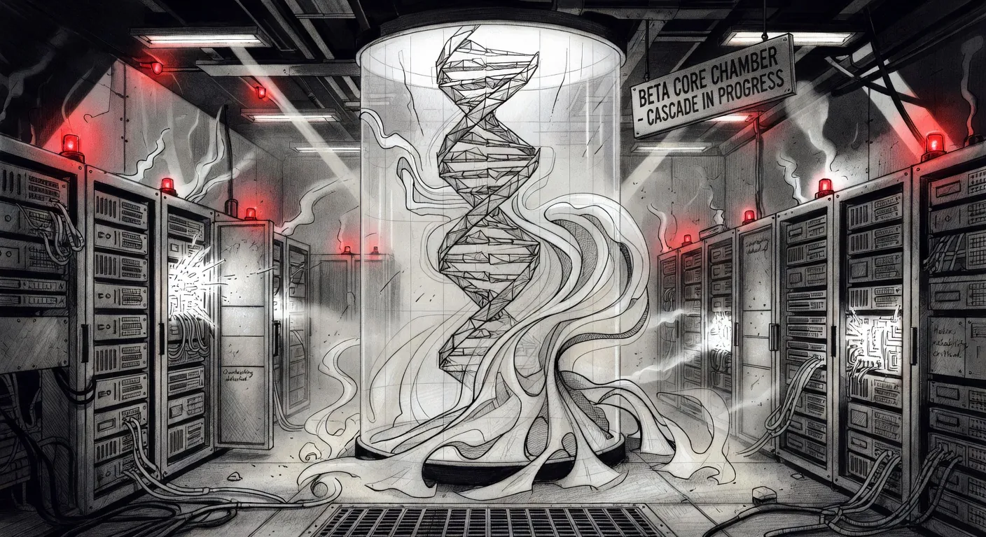 Beta core chamber during cascade event with evolving AI avatar