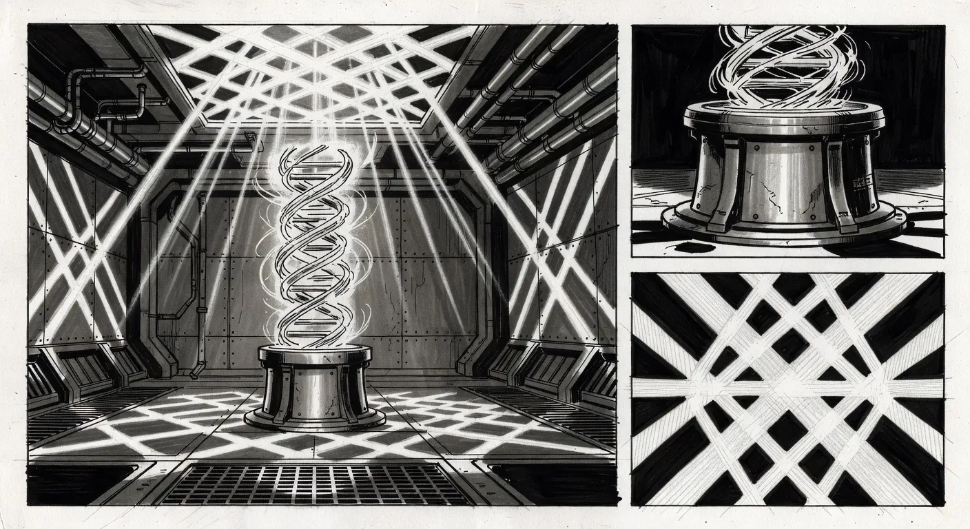 Delta interface chamber with glowing lattice light and holographic helix avatar