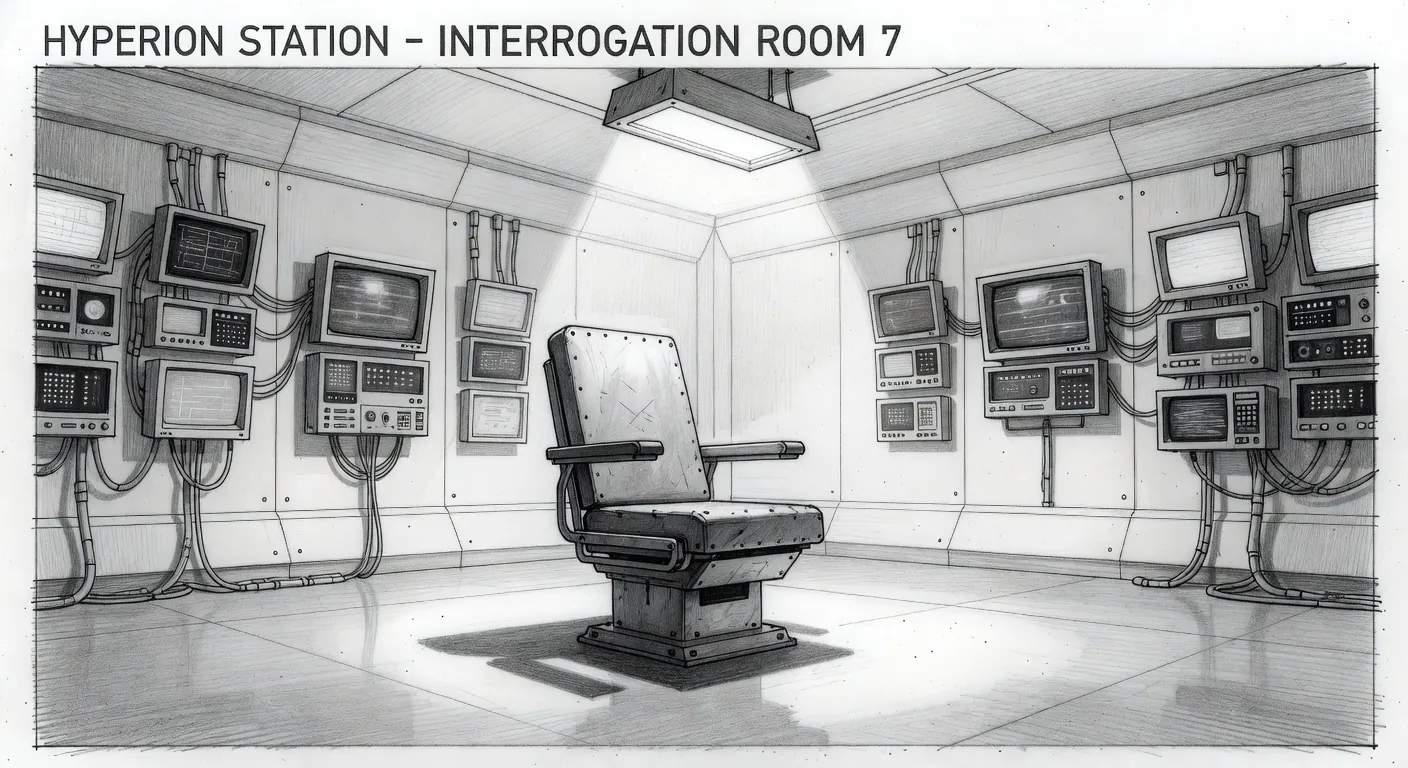 Sterile white interrogation room deep inside Hyperion Station