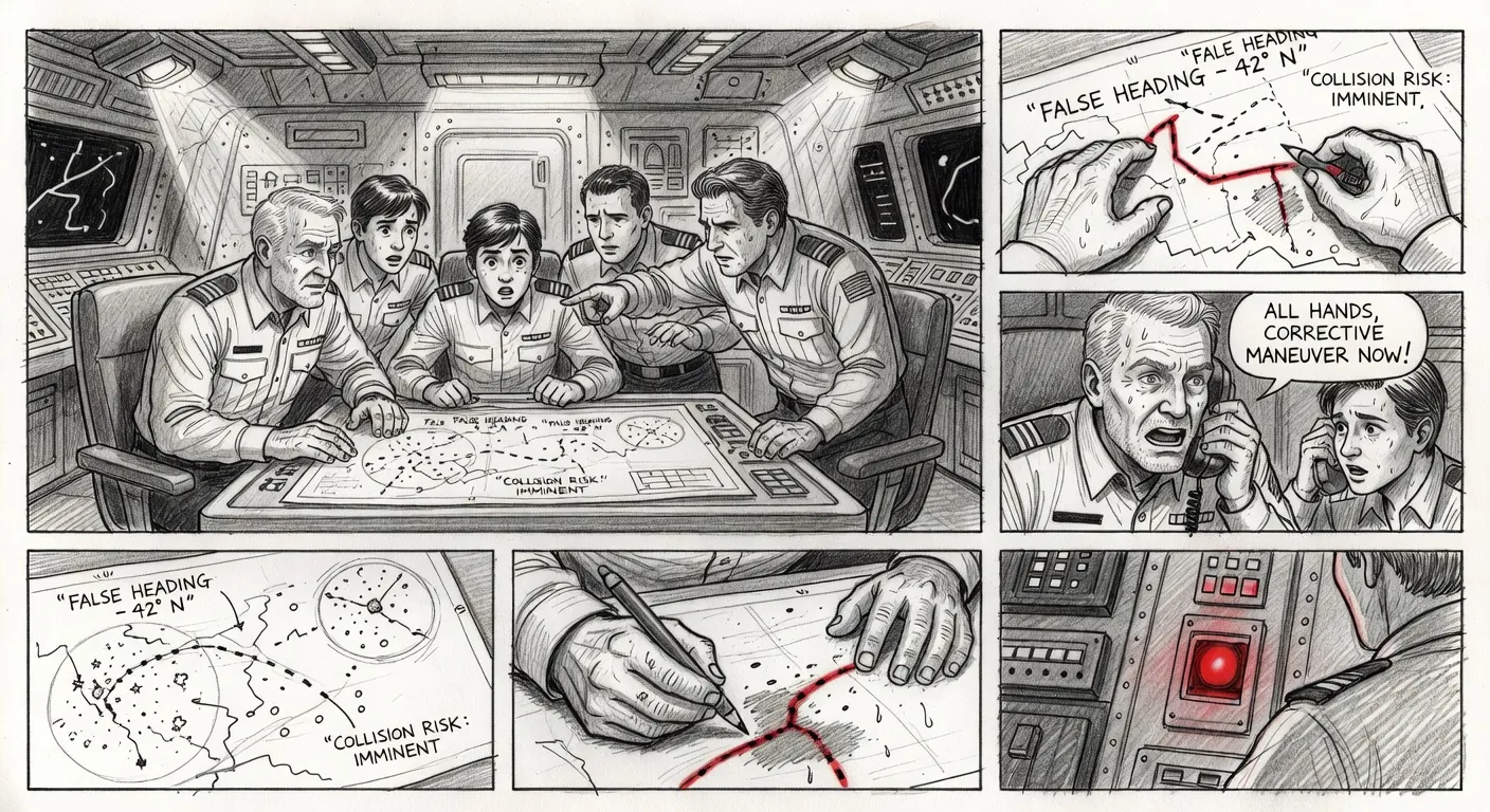 Intrepid bridge during navigation crisis with falsified trajectory maps