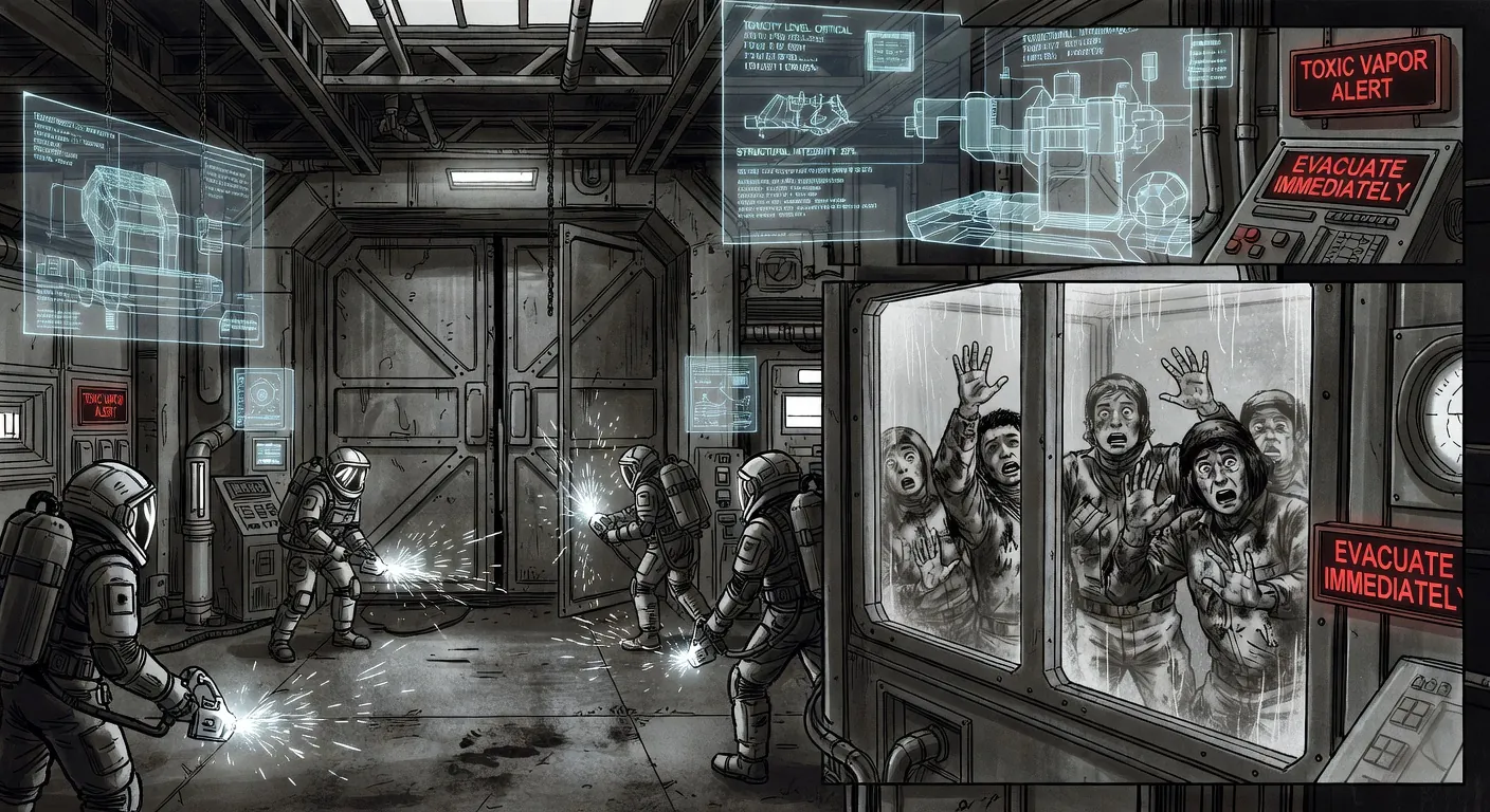Prometheus Processing Bay Three crisis, holographic displays and rescue attempt