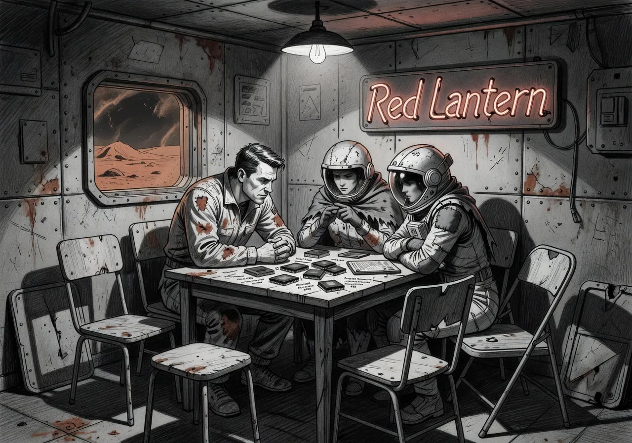 Cramped back room of the Red Lantern bar on Mars