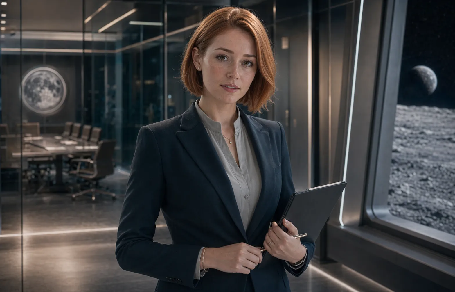 Ginger-haired Alice Sinclair in a lunar oversight office.