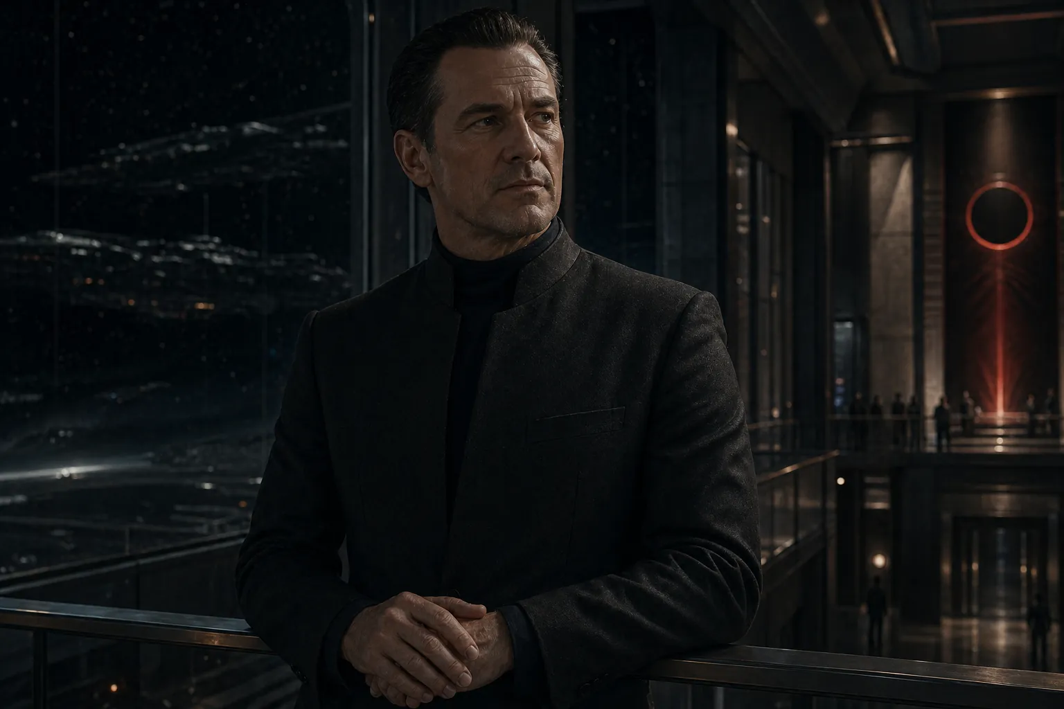 Cassian Rourke in a shadowed Hyperion command gallery.