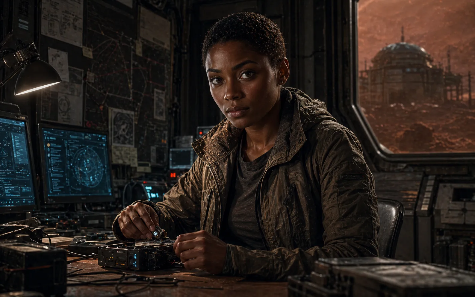 Dara Osei in a Martian safe-house workshop.