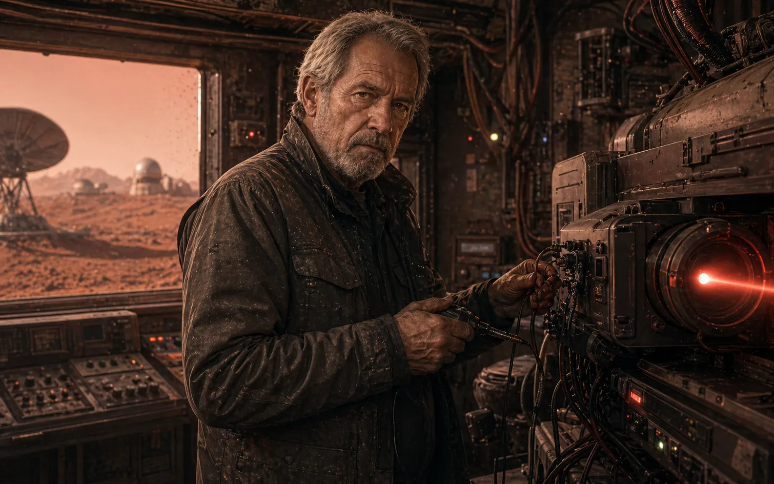 George Harris beside an old Martian laser relay.