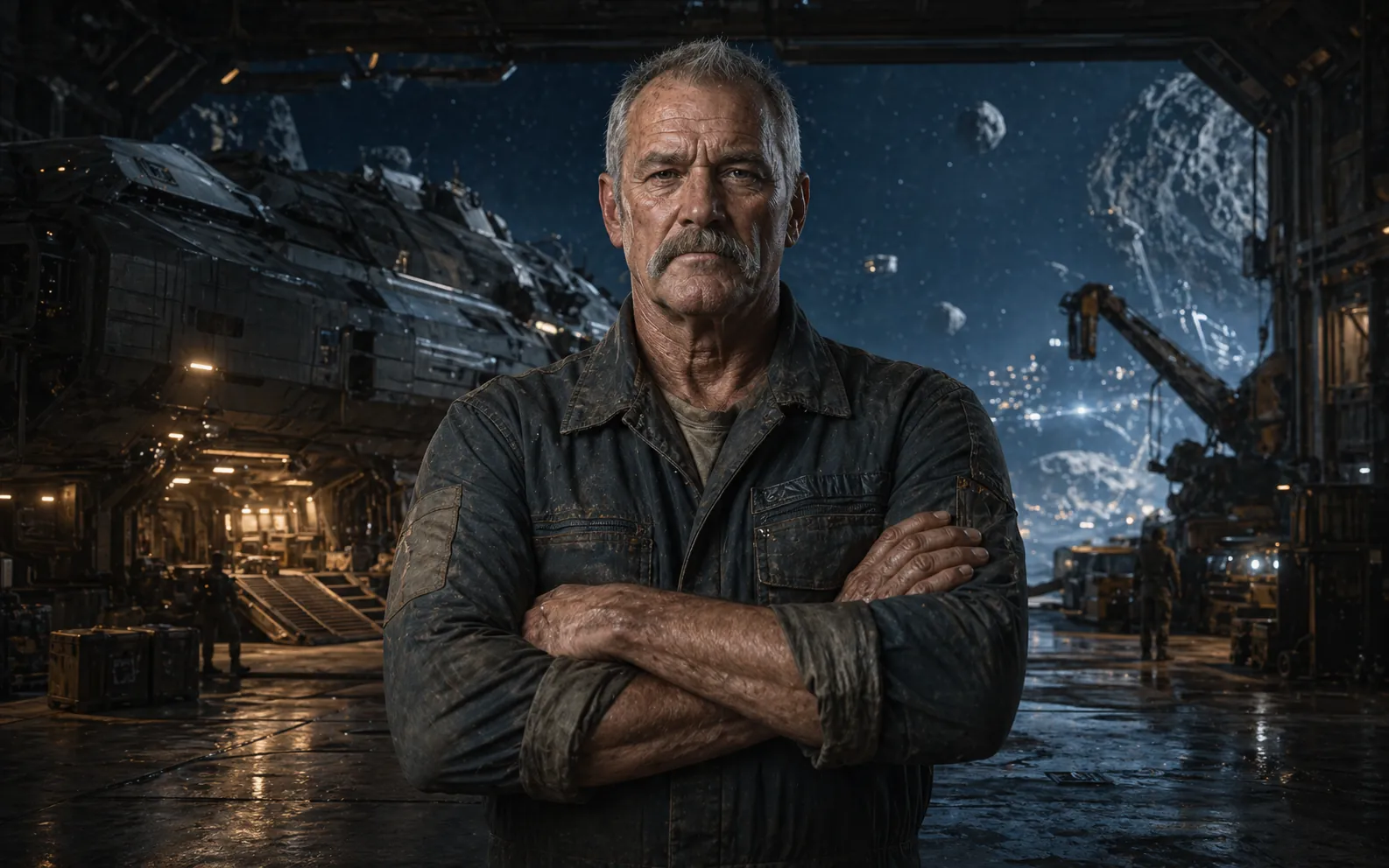 Hank Donnelly in a rugged Belt cargo ship hangar.