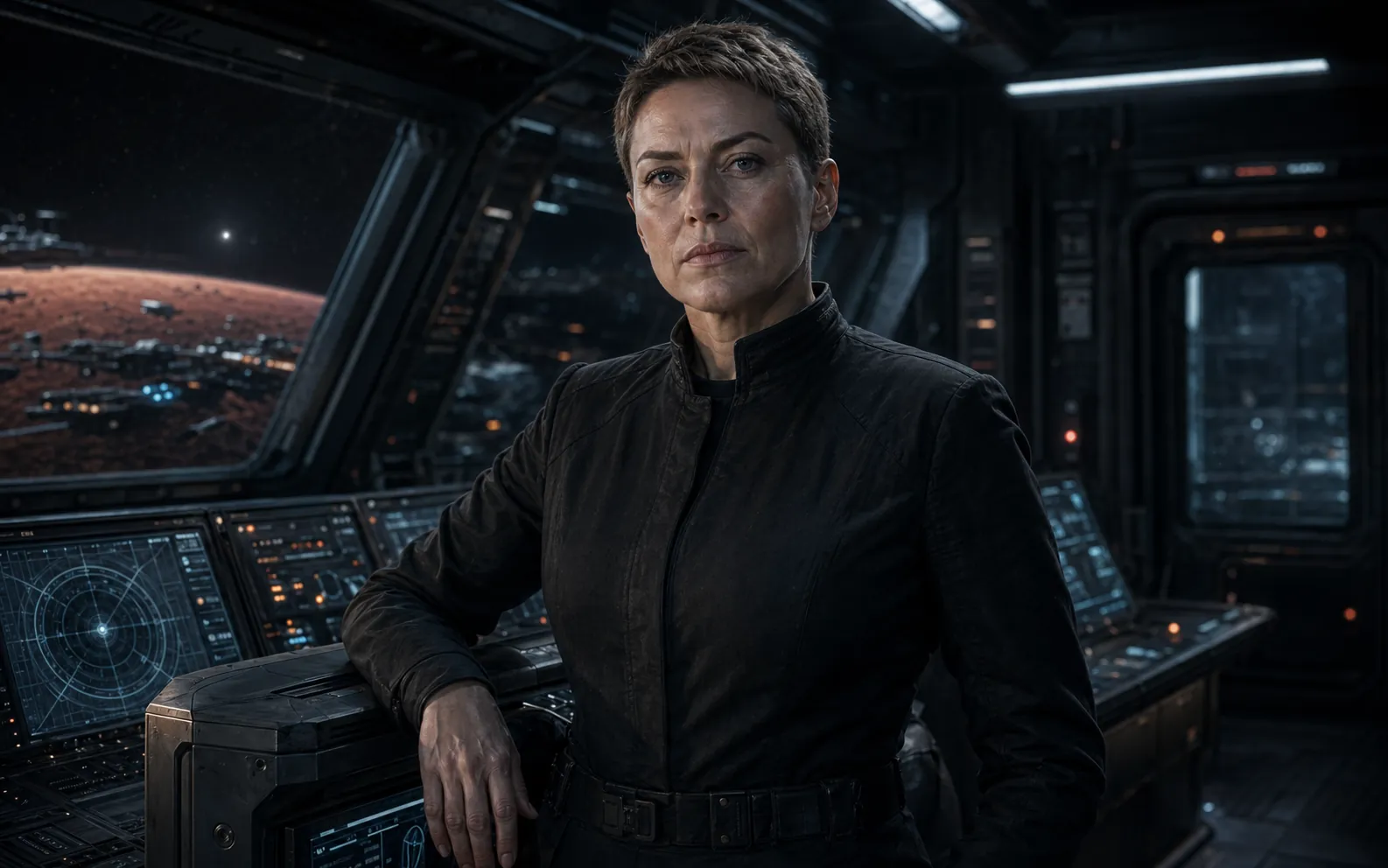 Commander Helena Vance on an Eclipse interdiction vessel bridge.
