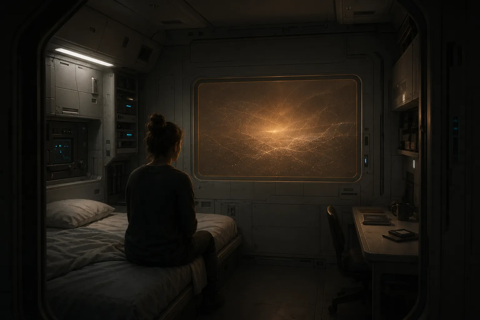 Leah Kessler sits alone in station quarters before an amber display.