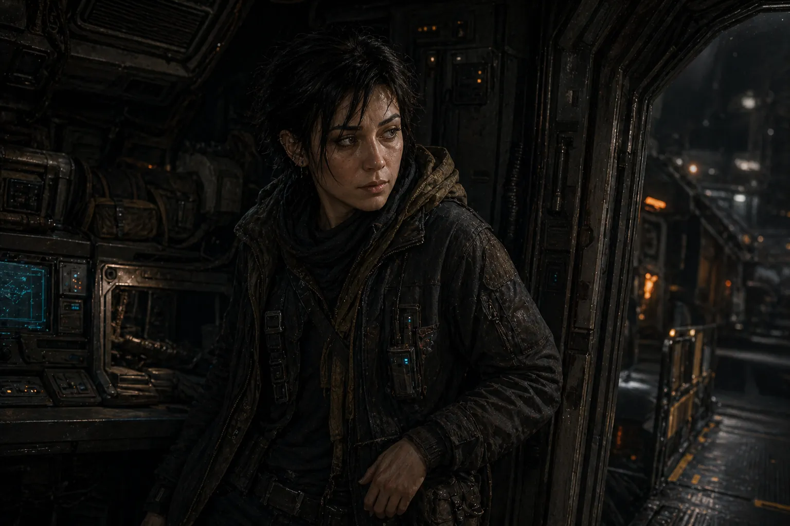 Mila Voskov in a patched frontier ship corridor.