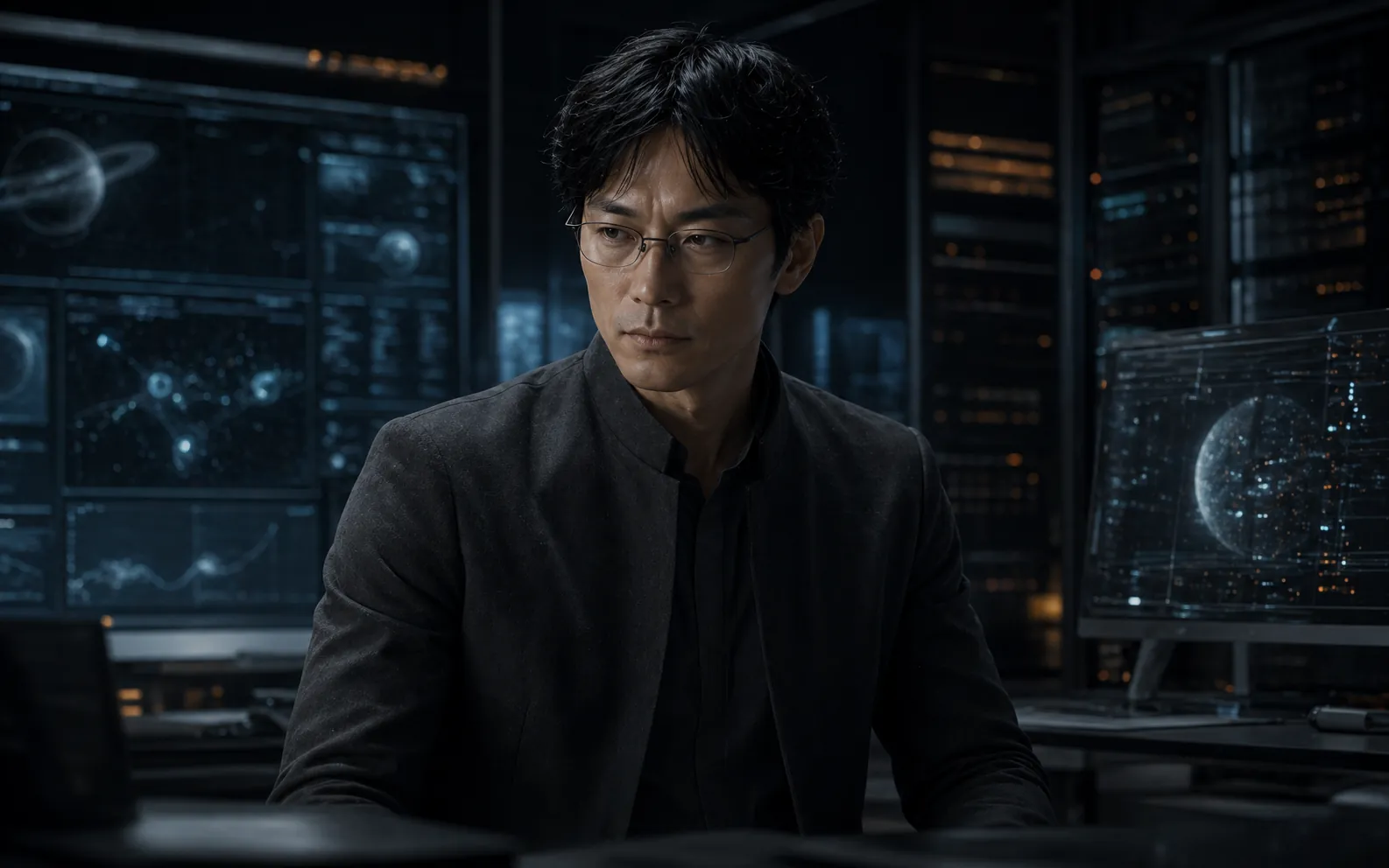 Dr. Ren Calder in a dim Helian AI research lab.