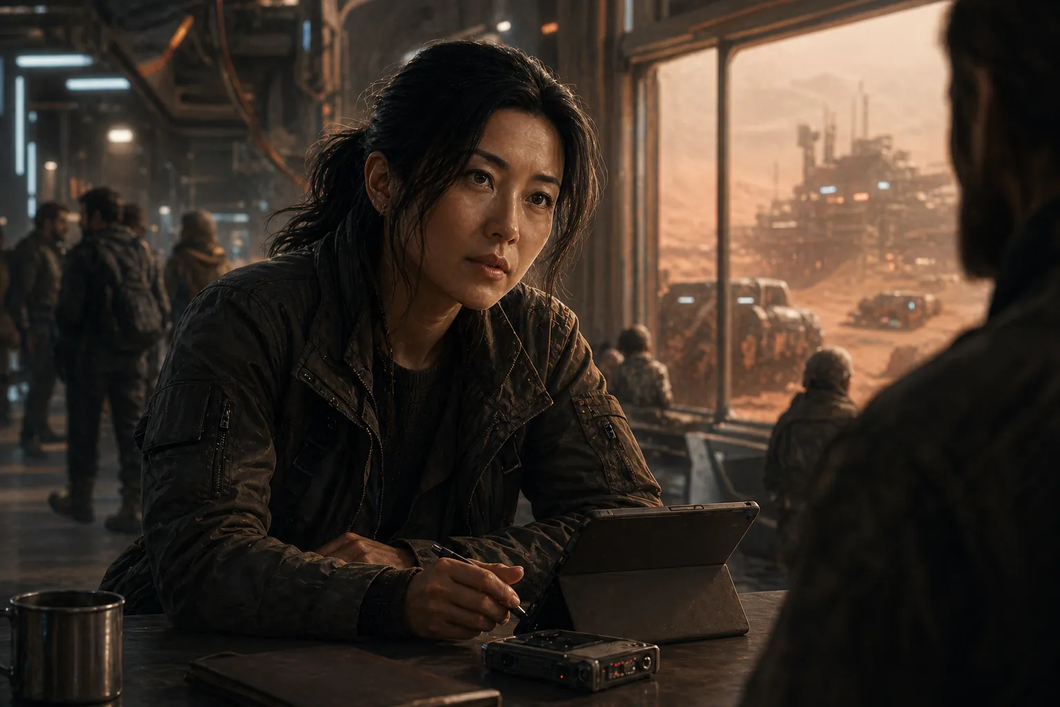 Talia Rowe interviewing a source in a Mars port.