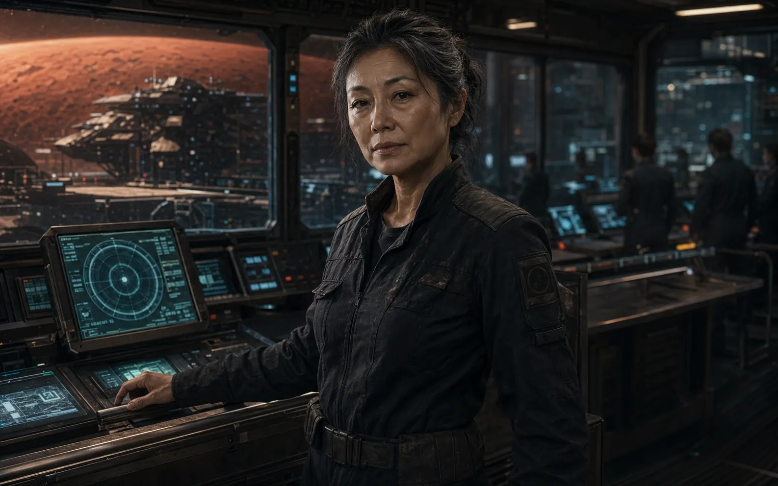 Yuki Tanaka in a Mars port security control room.