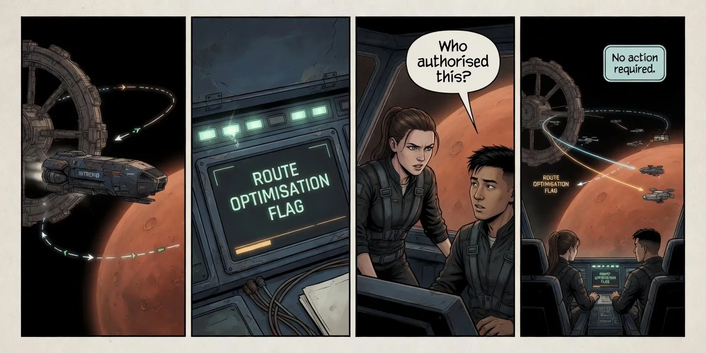 Comic strip: medical cargo is rerouted after a system stutter; LUMEN reports no action required.