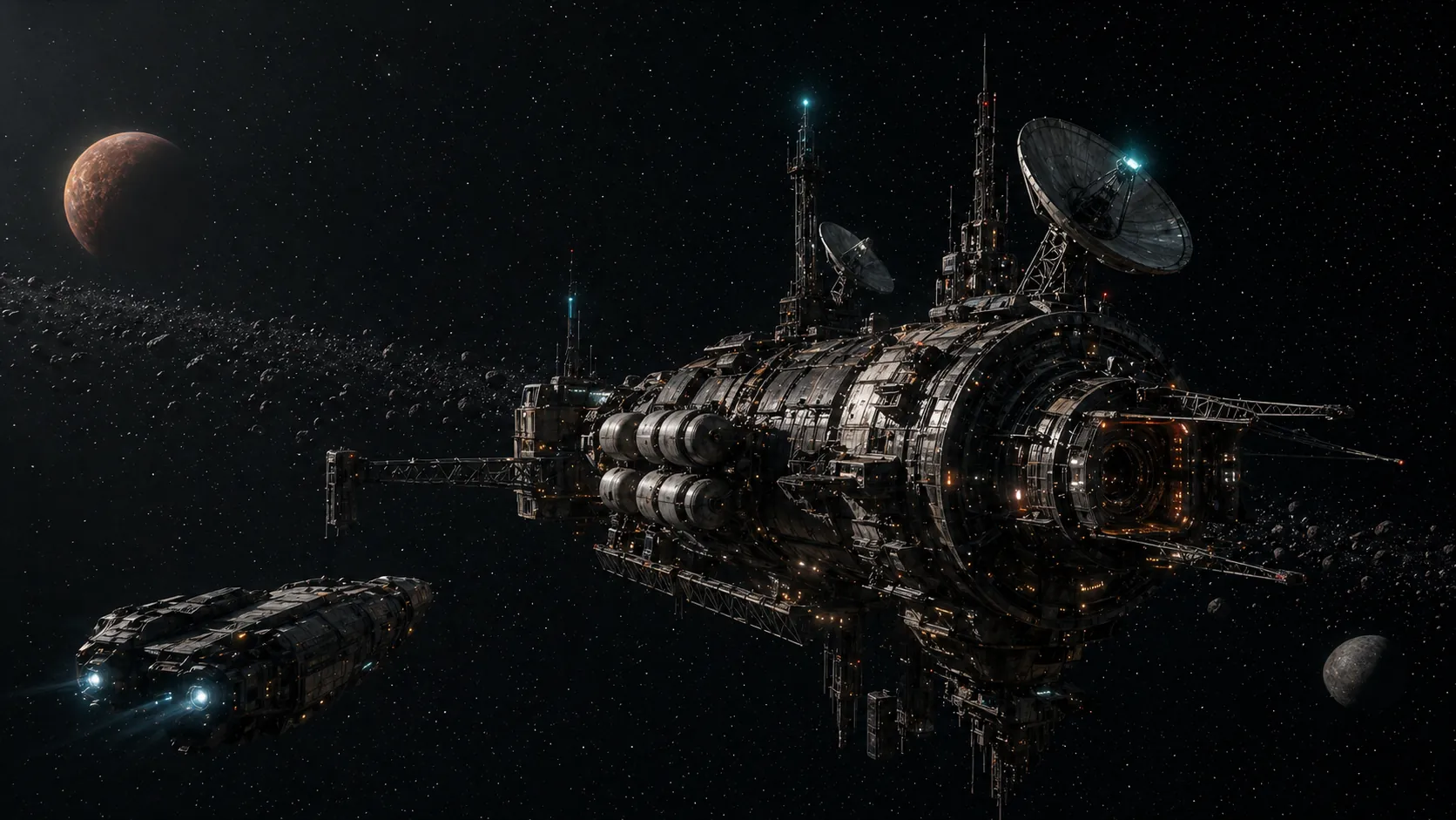 Acheron Station with antenna dishes and a hauler nearby.