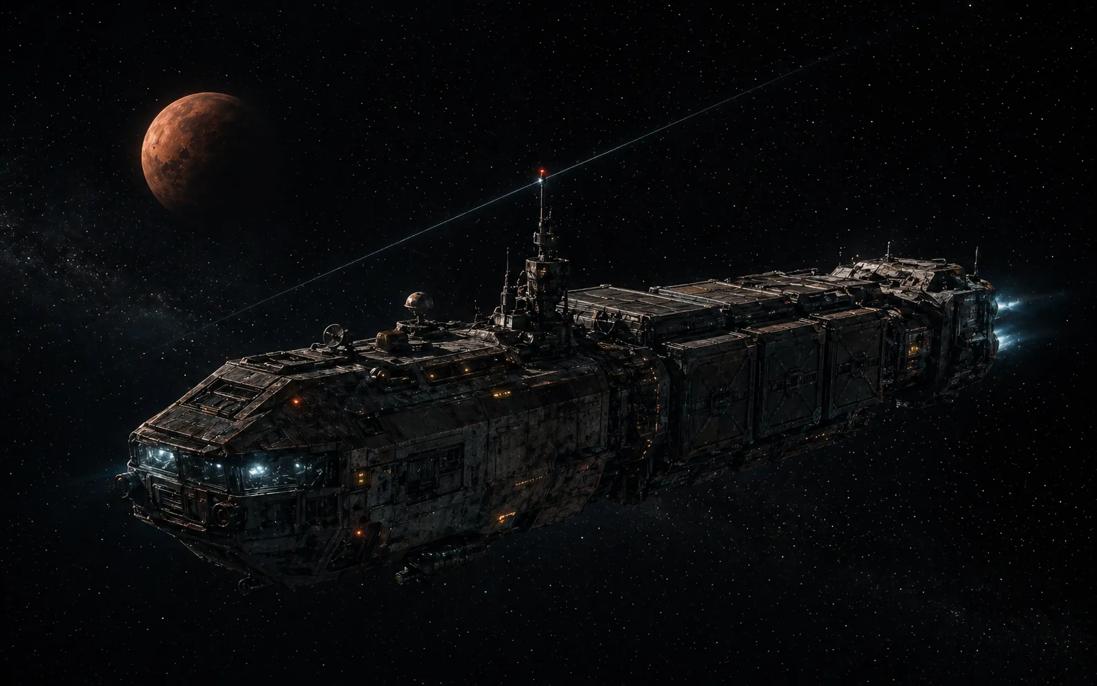 The battered cargo hauler Intrepid crossing deep space on the Mars-Acheron route.
