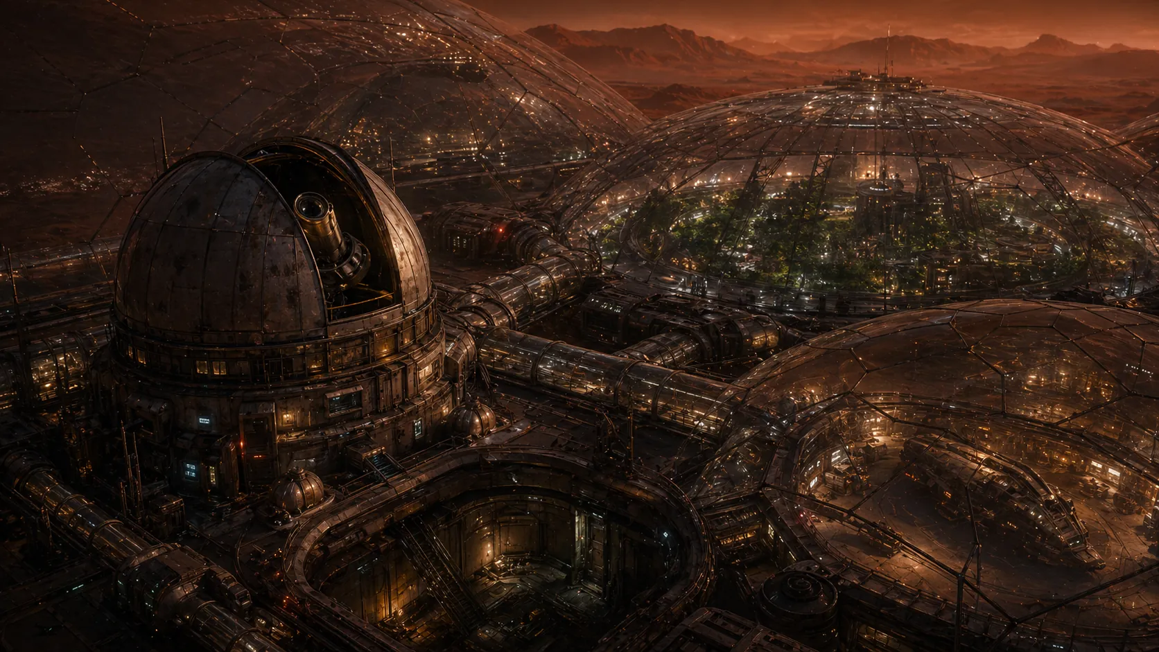 Old Martian observatory inside connected Mars domes, with sealed tube corridors and legacy relay hardware.