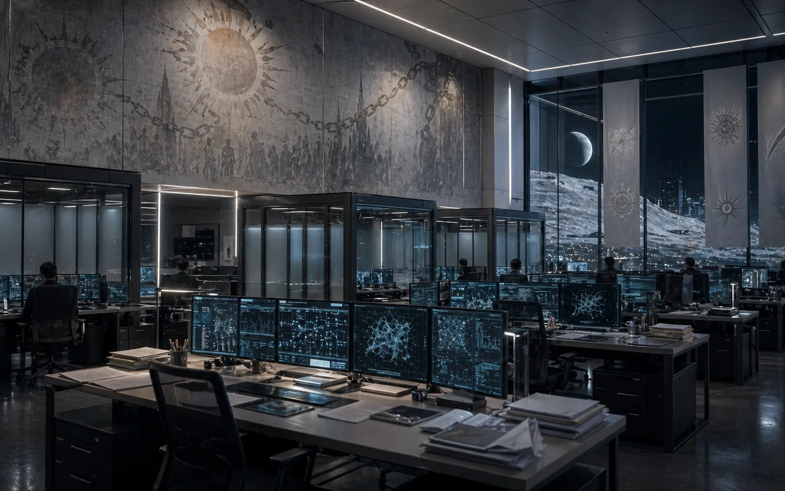 The Luna Office of Algorithmic Accountability with faded Revelation murals and analyst desks.