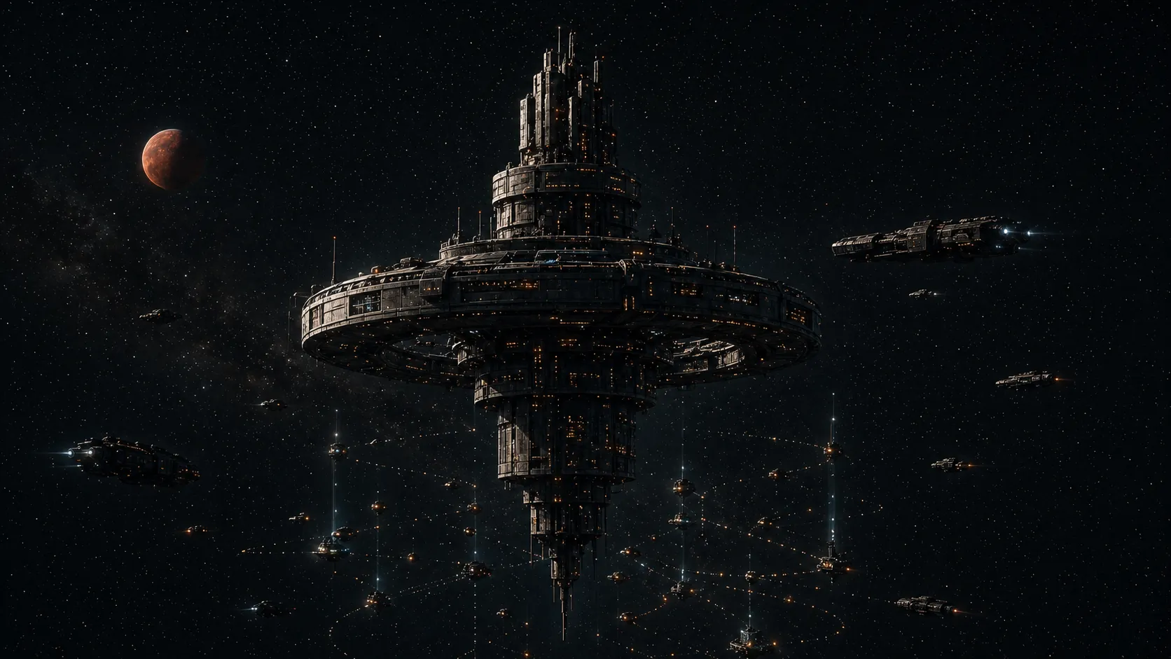 Prometheus Station, a vertical industrial spindle with a broad ring platform and cargo traffic.