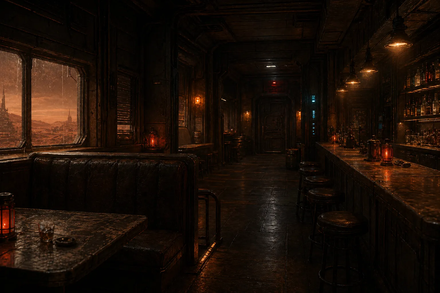The Red Lantern, an amber-lit Mars frontier bar.